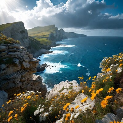 Cliffside with yellow flowers and ocean