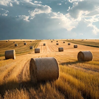 Hay bales in golden wheat field