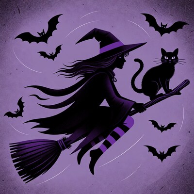Witch Flying on Broom with Cat