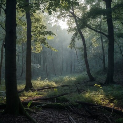 Misty Sunlit Forest with Tall Trees
