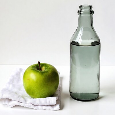 Green Apple and Glass Bottle