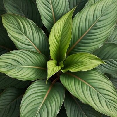 Close-up of lush green calathea leaves