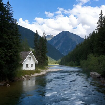 White chalet by mountain river