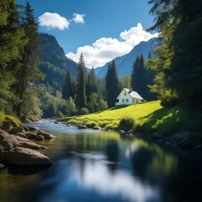 White cabin by mountain river