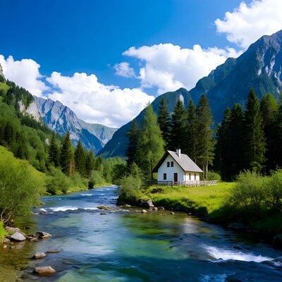 White chalet by river in mountains