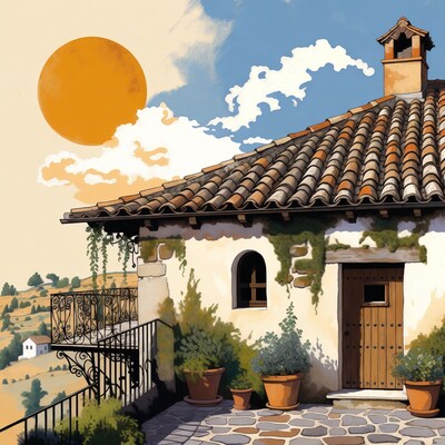 Rustic White House with Sunset and Balcony