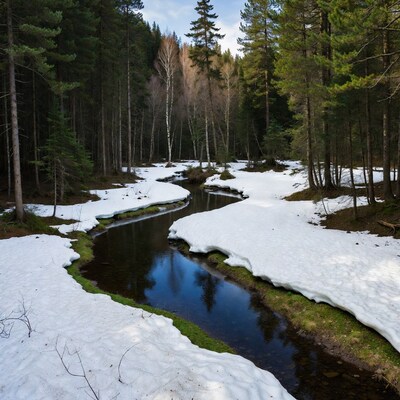 Snowy Stream in Pine Forest