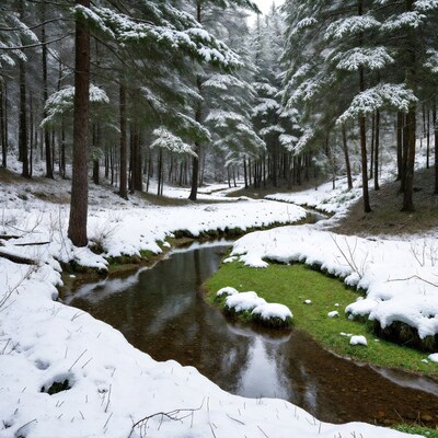 Snowy Forest with Winding Stream