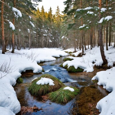 Snowy Forest Stream with Pine Trees