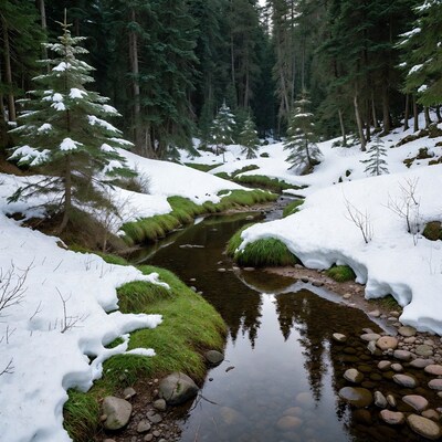 Snowy Forest Stream with Evergreen Trees