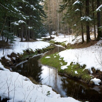 Snowy Stream in Forest