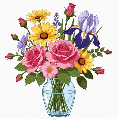 Colorful Flower Bouquet in Glass Vase