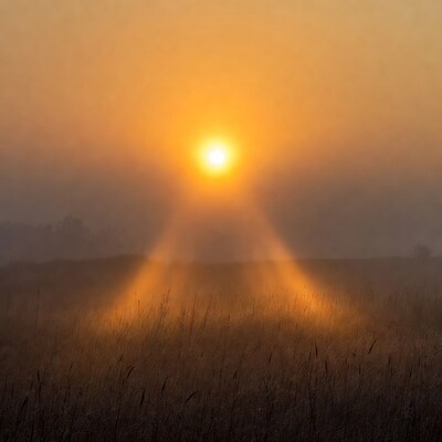 Sunrise Sunbeams in Misty Grass Field