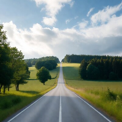Long country road through green fields