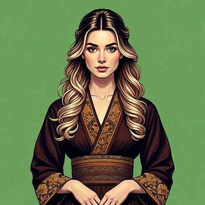 Woman in embroidered kimono on green background