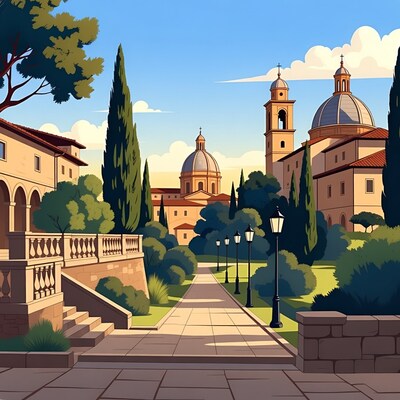 Italian Town Path with Domes and Cypress Trees