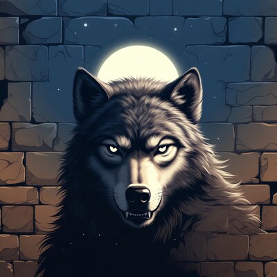 Growling Wolf Against Moonlit Castle Wall