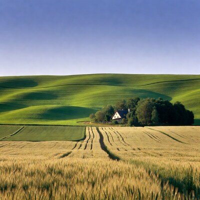 Farmhouse in rolling green wheat fields