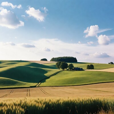 Rolling Green Hills with Farmhouse