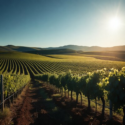 Vineyard Rows at Sunset with Mountains