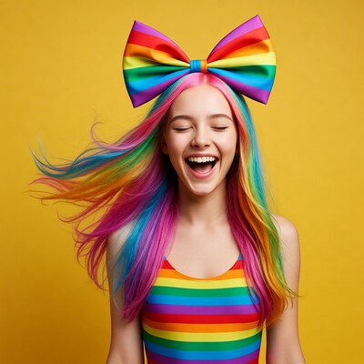 Girl with rainbow bow and hair