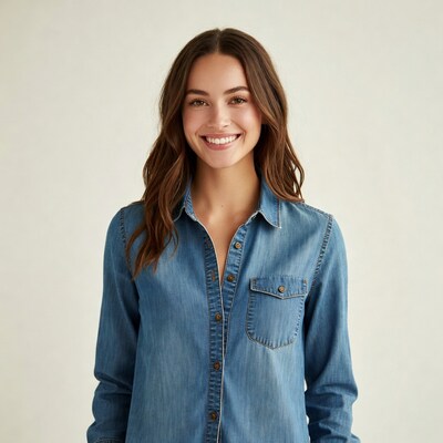 Smiling woman in denim shirt