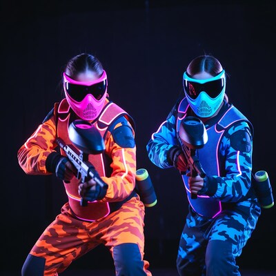 Two girls in neon paintball gear