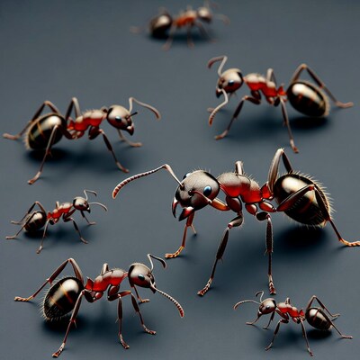 Group of 3D ants on dark background