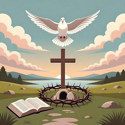 Dove Flying Over Cross and Tomb