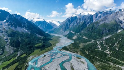Aerial view of turquoise river in glacier valley