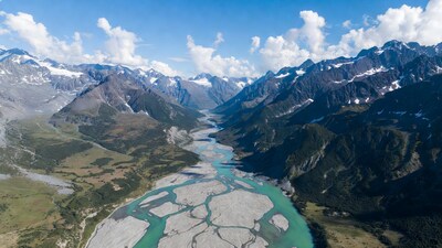 Aerial view turquoise river mountain valley