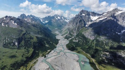 Aerial View of Glacial River in Mountains