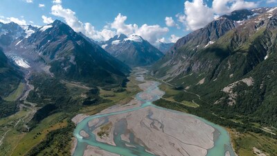 Aerial view of turquoise river in glacier valley
