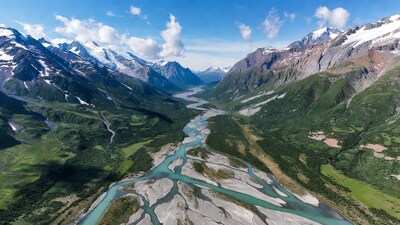 Aerial view of turquoise river in glacier valley