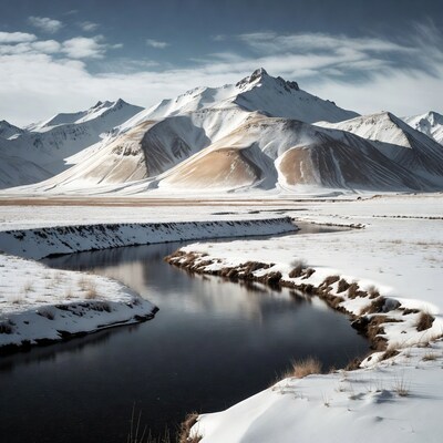 Snowy Mountains with Winding River