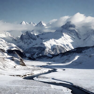 Snowy Mountains with Winding River