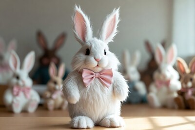 White plush bunny with pink bowtie