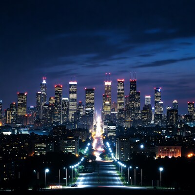 Chicago skyline at night with boulevard