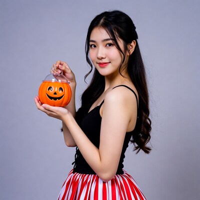 Asian woman holding jack-o-lantern bucket