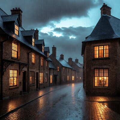 Rainy Cobblestone Street with Lit Cottages