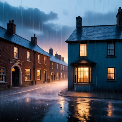 Rainy Village Street with Post Office