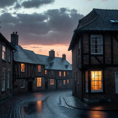Rainy Tudor Street at Dusk