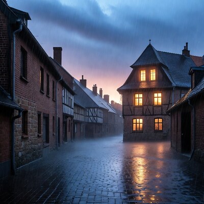 Rainy Cobblestone Alley in Medieval Town