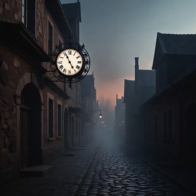 Vintage Clock on Foggy Cobblestone Alley