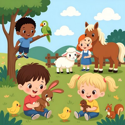 Children with farm animals illustration