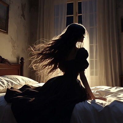Woman in black dress on bed by window