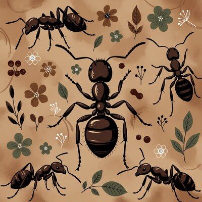Ants with Flowers and Leaves Illustration