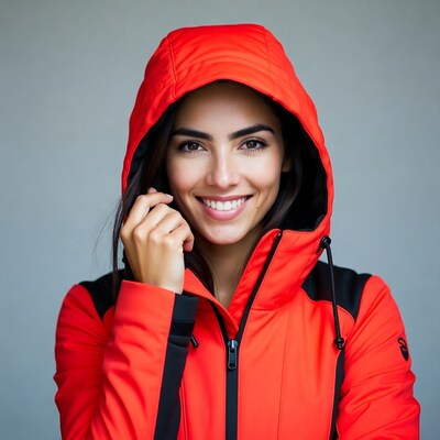 Smiling woman in red hooded jacket