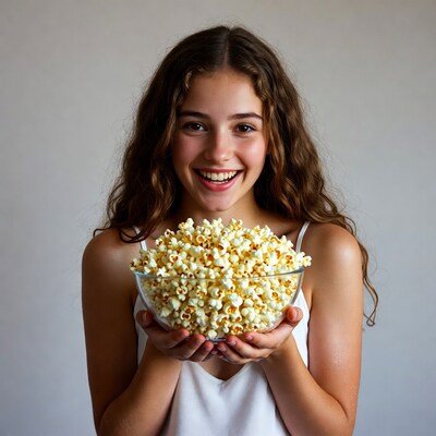 Girl holding bowl of popcorn