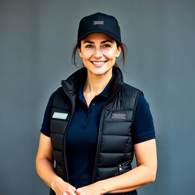 Smiling woman in black cap and vest